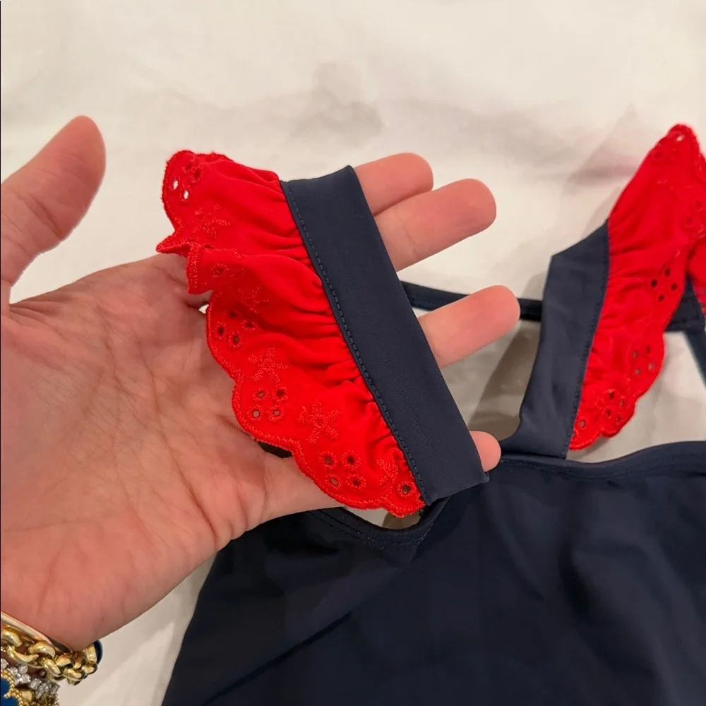 The Beaufort Bonnet Company Navy One-Piece Swimsuit with Red Ruffle Straps